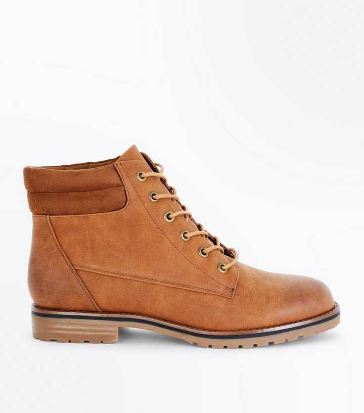 Tan Contrast Cuff Lace Up Hiker Boots