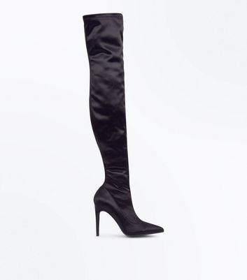 Black Satin Pointed Over the Knee Boots 