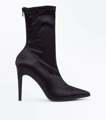 Black Satin Pointed Sock Boots | New Look