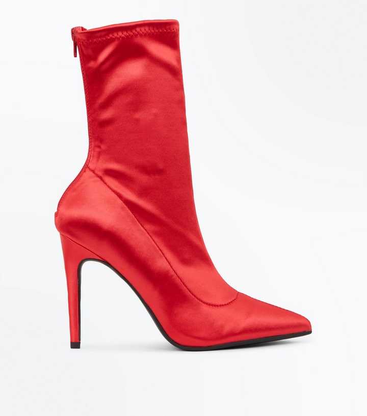 Red Satin Pointed Sock Boots