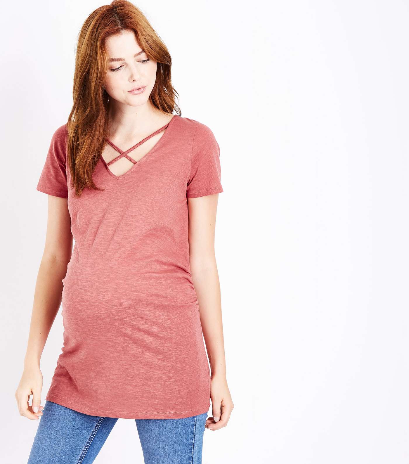 Maternity Rust Lattice Neck Short Sleeve T-Shirt
