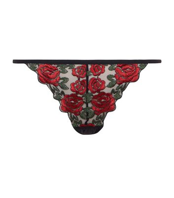 Red Floral Embroidered Thong | New Look