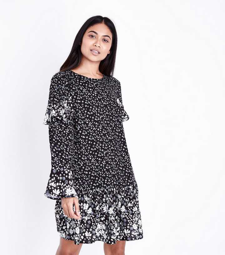 Petite Black Contrast Floral Print Frill Trim Dress
