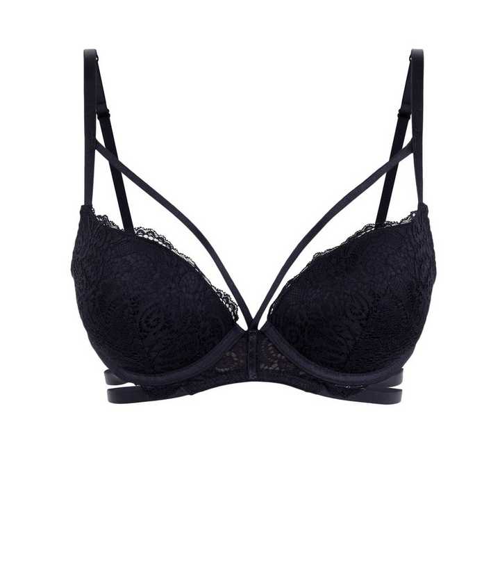 Black Strappy Longline Lace Bra ❤ liked on Polyvore featuring