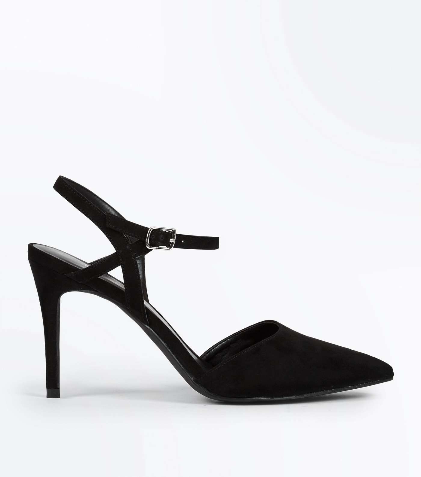 Black Suedette Ankle Strap Pointed Court Shoes