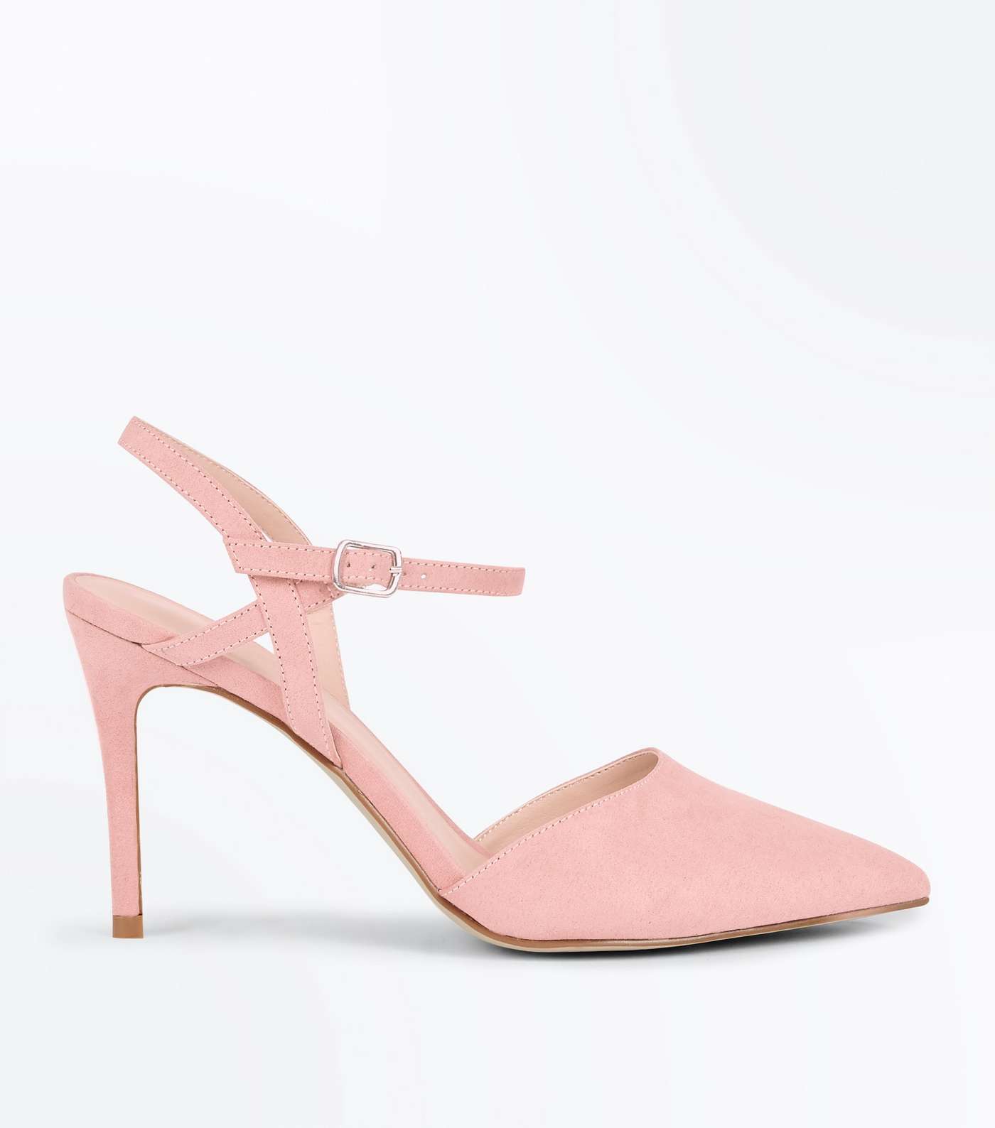 Pale Pink Suedette Ankle Strap Pointed Court Shoes