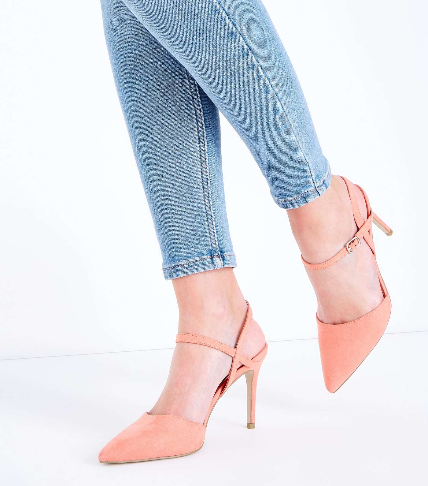 Coral Suedette Ankle Strap Pointed Court Shoes Image 2