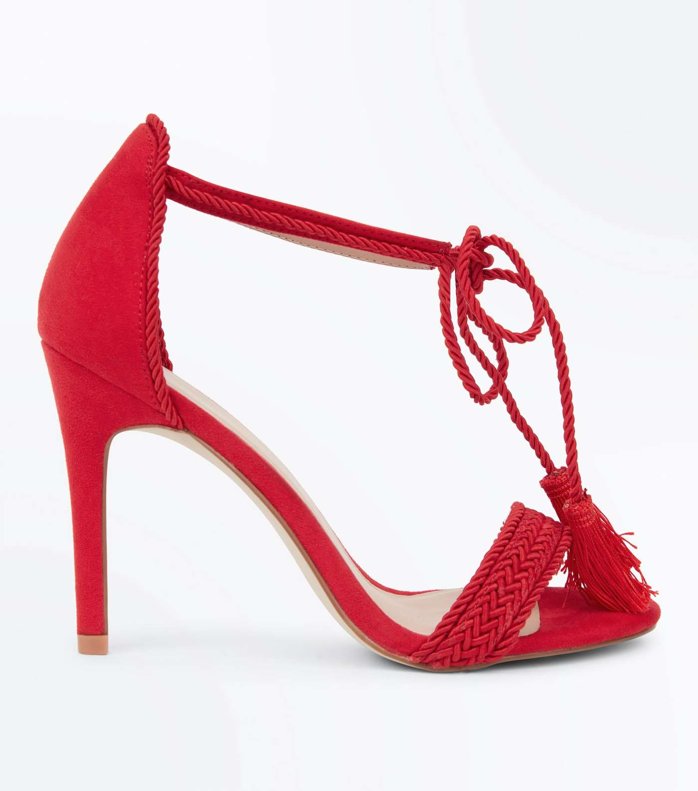 Red Suedette Tassel Ankle Tie Stiletto Sandals