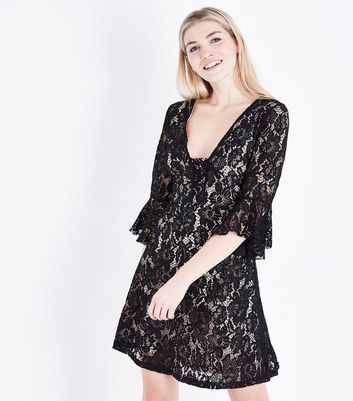 black lattice front flare sleeve lace sheath dress