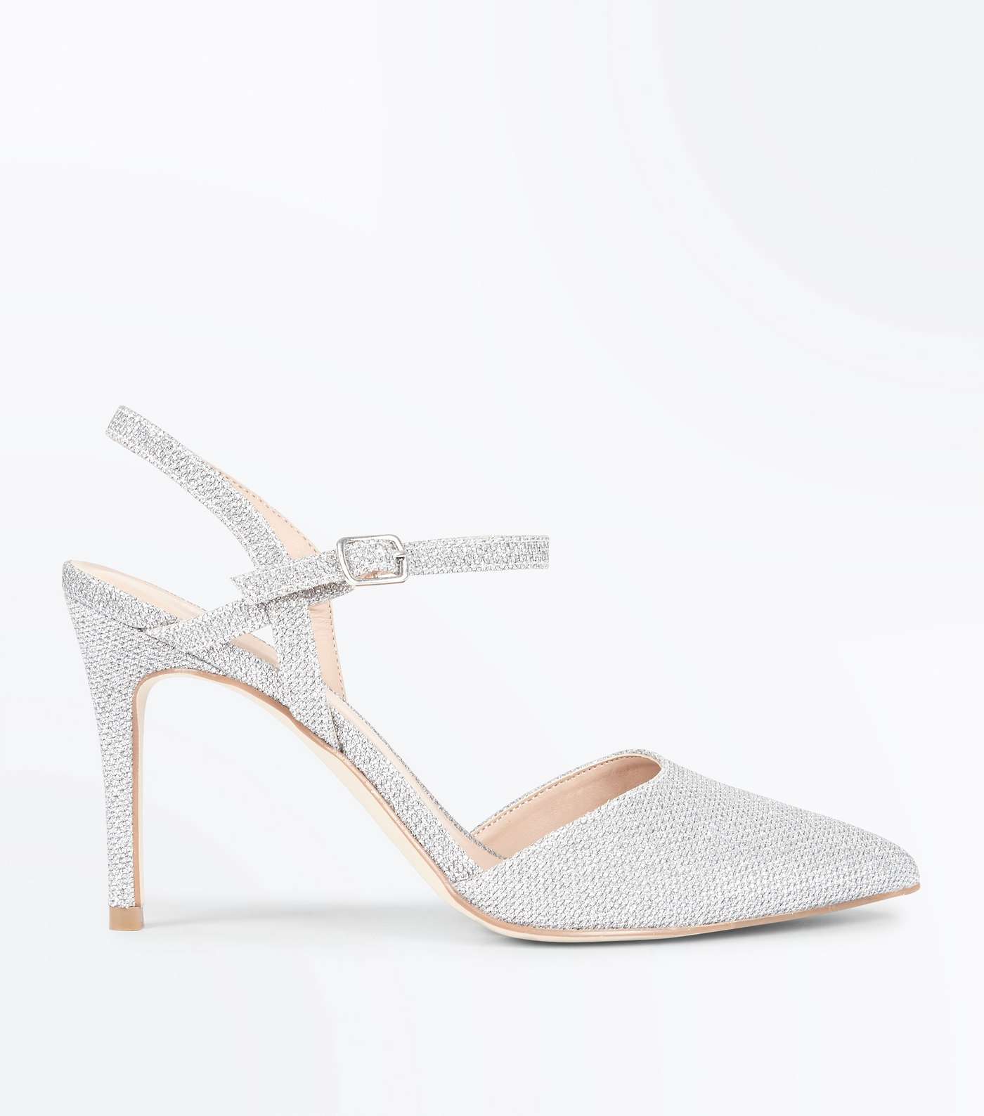 Silver Glitter Cross Strap Side Pointed Courts