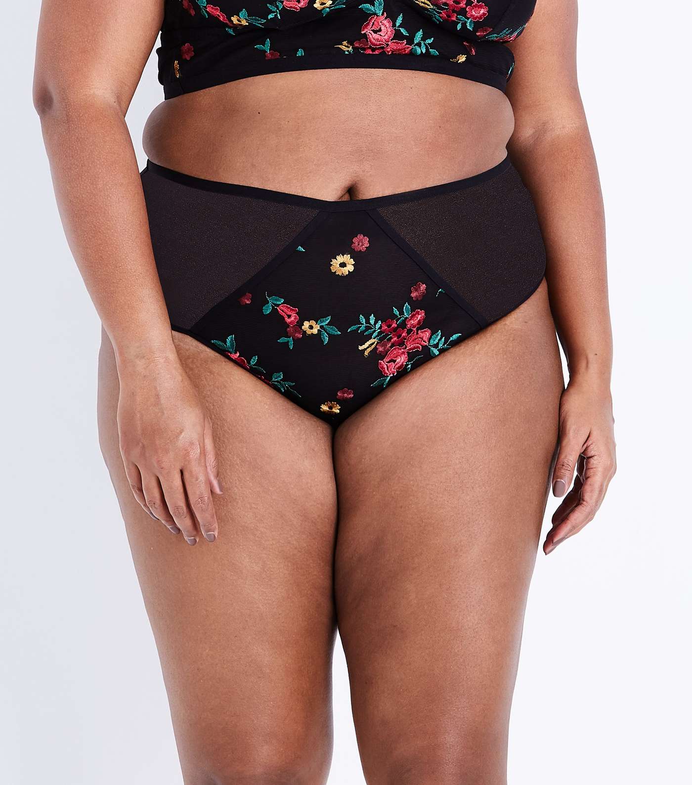 Curves Black Floral Embroidered Brazilian Briefs