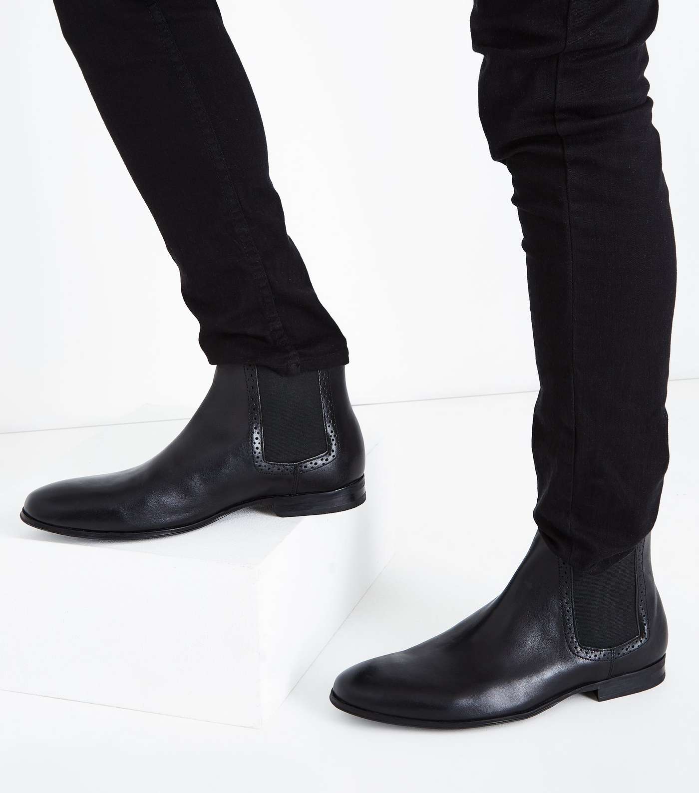 Black Leather Brogue Trim Chelsea Boots Image 2
