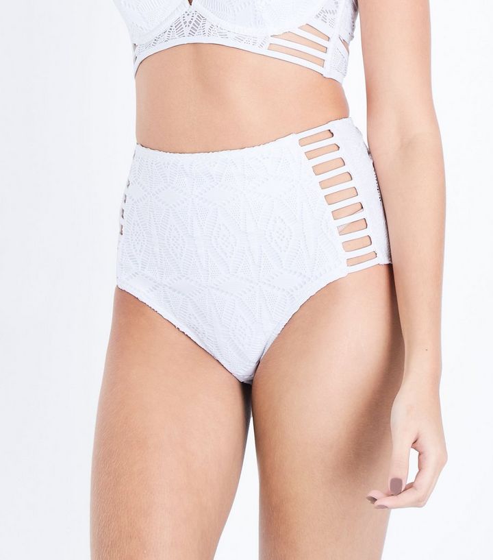 White Crochet Caged High Waist Bikini Bottoms New Look