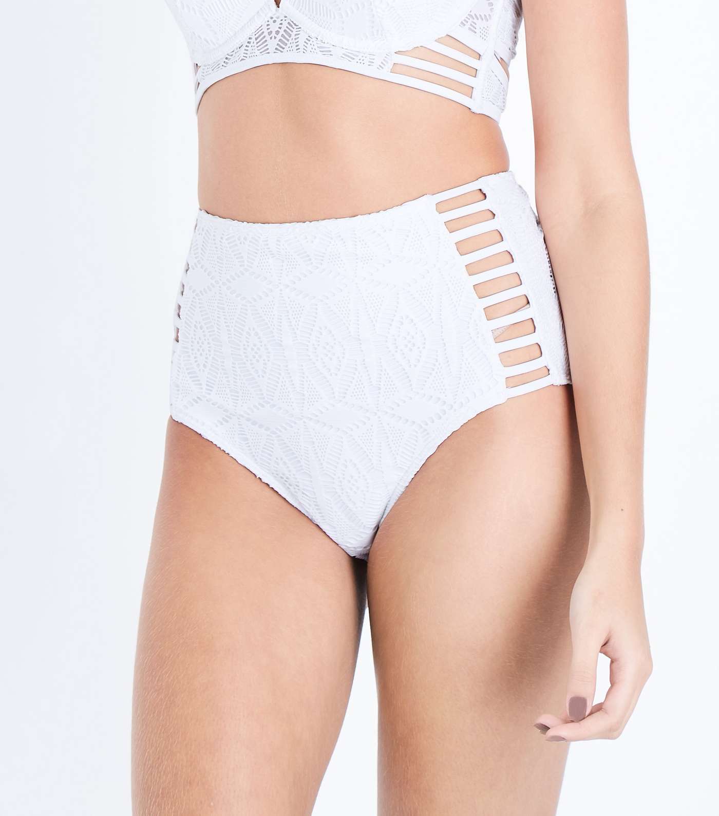 White Crochet Caged High Waist Bikini Bottoms
