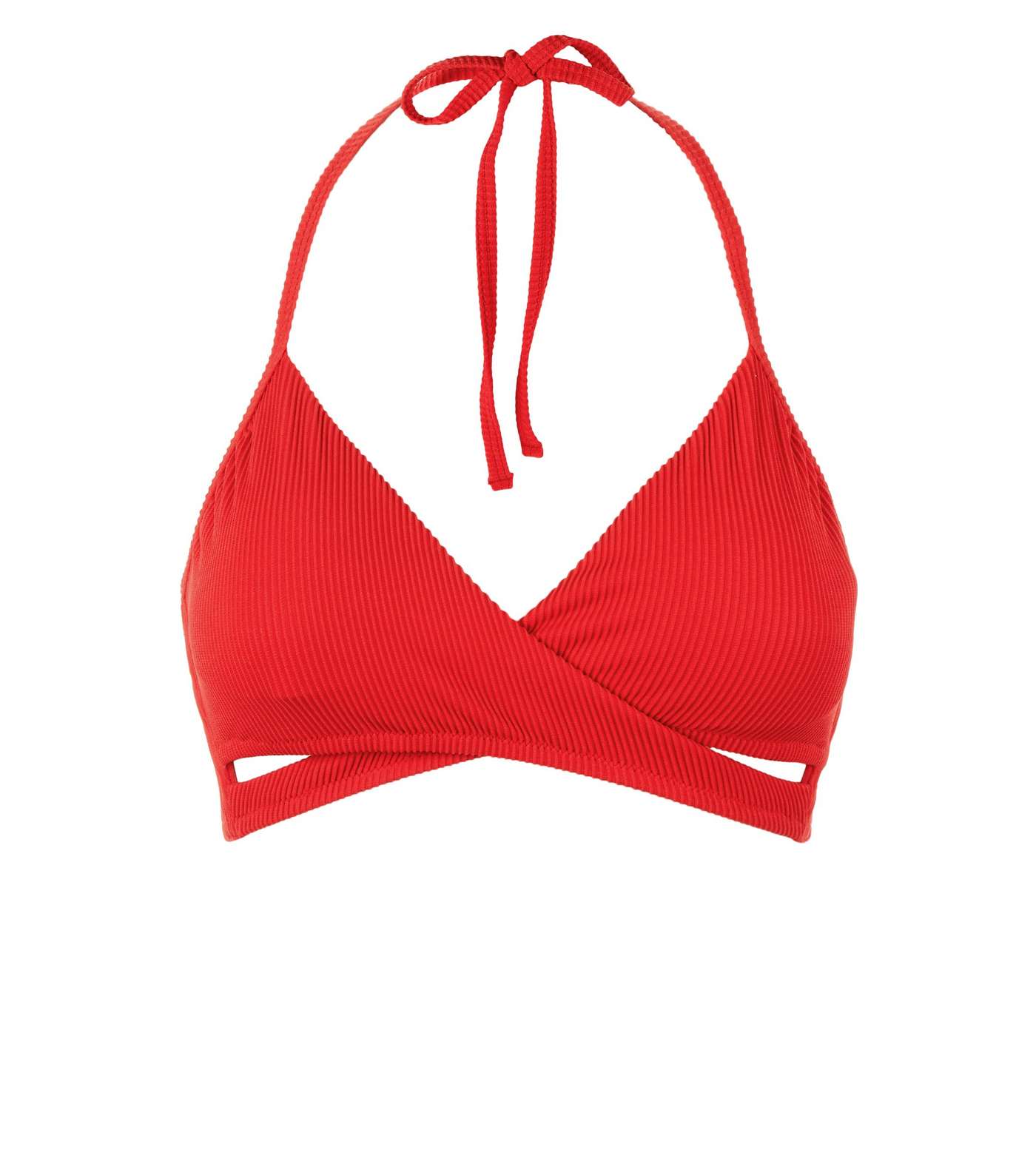 Red Ribbed Wrap Front Halterneck Bikini Top  Image 4
