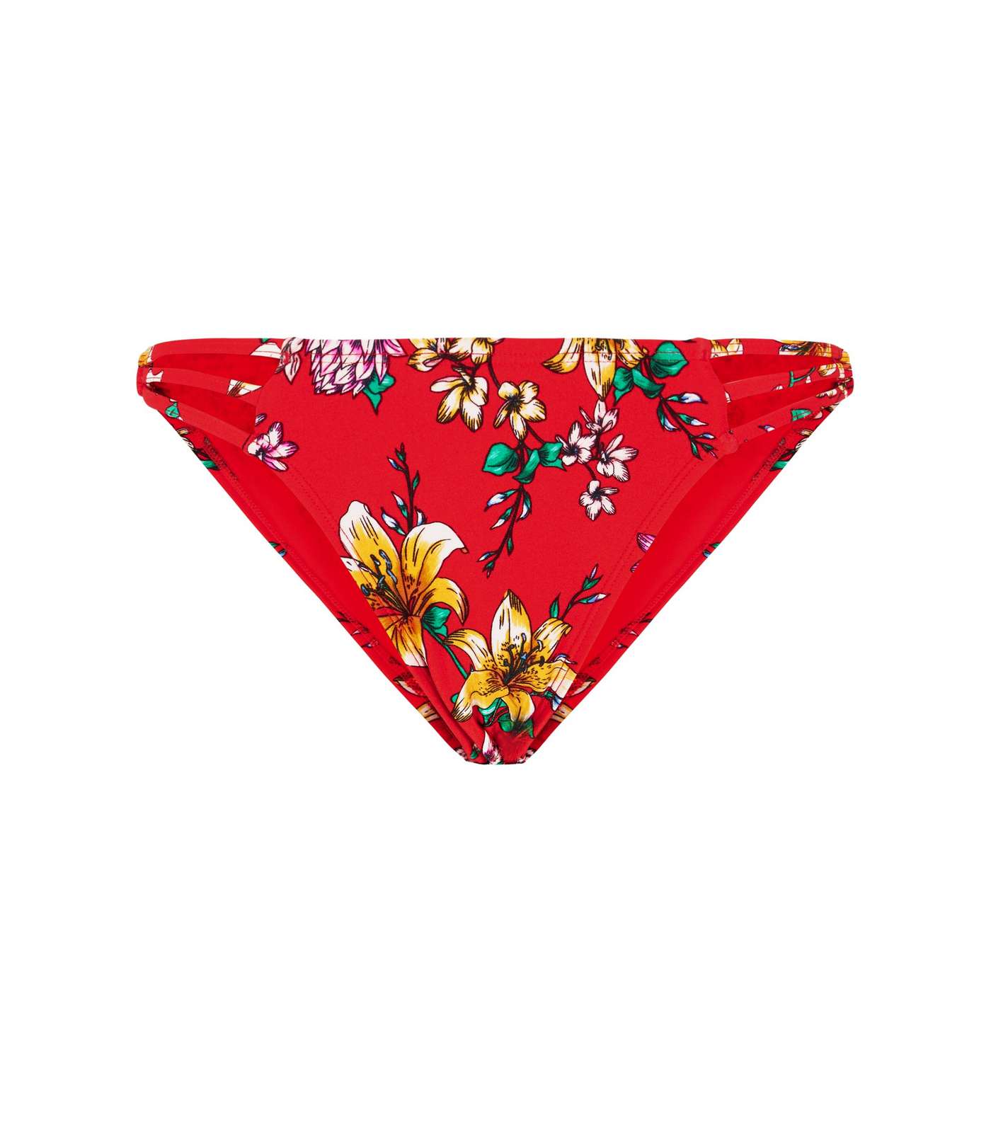 Red Floral Print Strappy Side Bikini Bottoms  Image 4