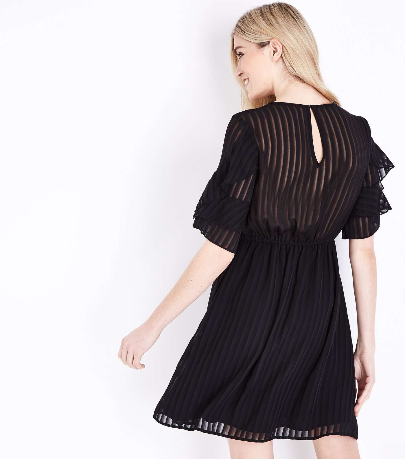 Black Embroidered Stripe Chiffon Frill Sleeve Dress Image 3