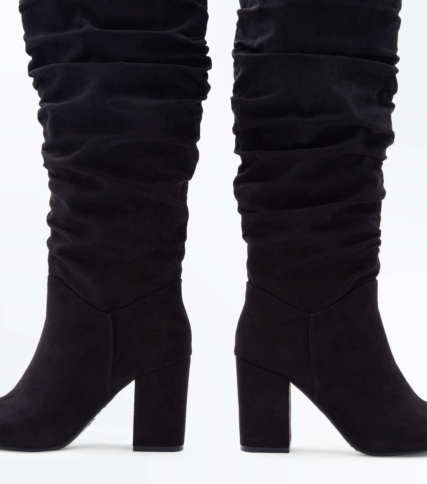 Black Suedette Heeled Slouch Knee High Boots Image 4