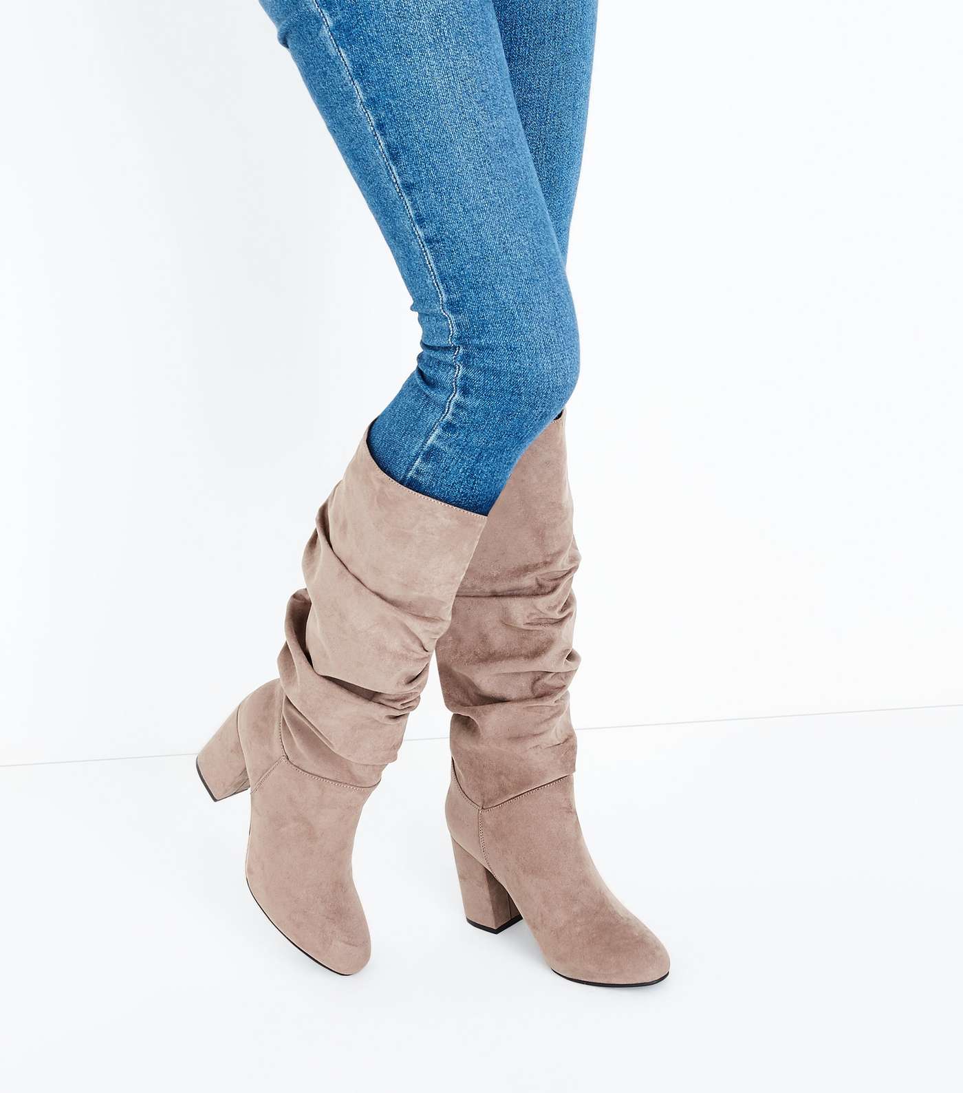 Brown Suedette Heeled Slouch Knee High Boots Image 3