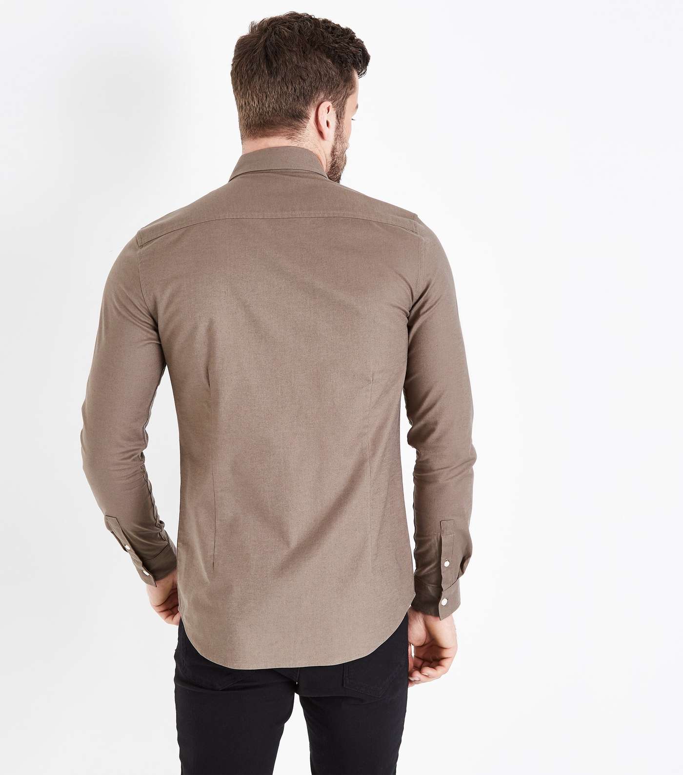 Olive Green Muscle Fit Stretch Oxford Shirt Image 3