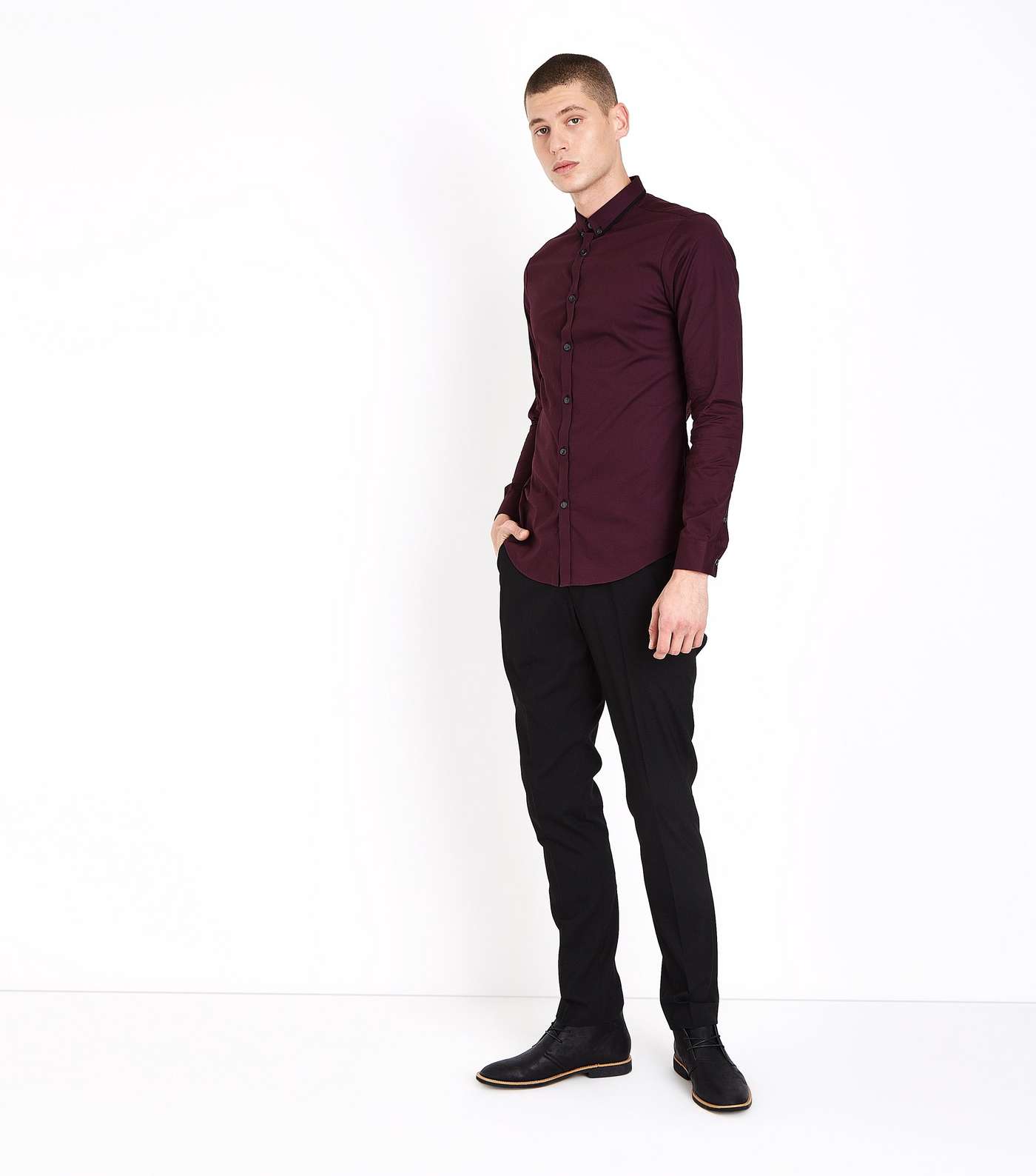Burgundy Double Collar Trim Muscle Fit Shirt Image 2