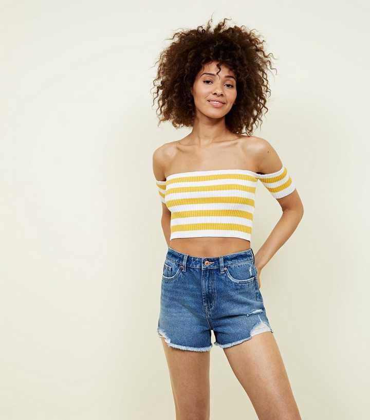 Blue Rinse Wash Distressed Denim Mom Shorts