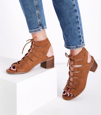 black suedette low block heel ghillie sandals