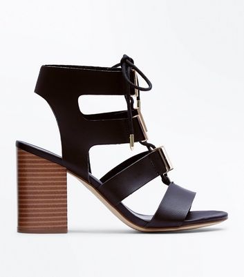 black lace up block heel sandals