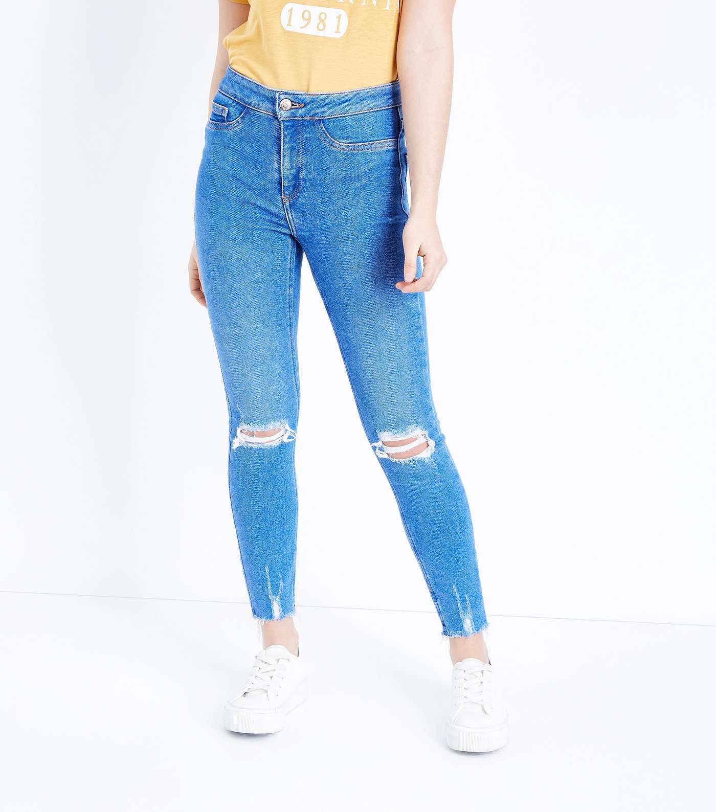 Girls Bright Blue Ripped High Waist Super Skinny Jeans Image 2