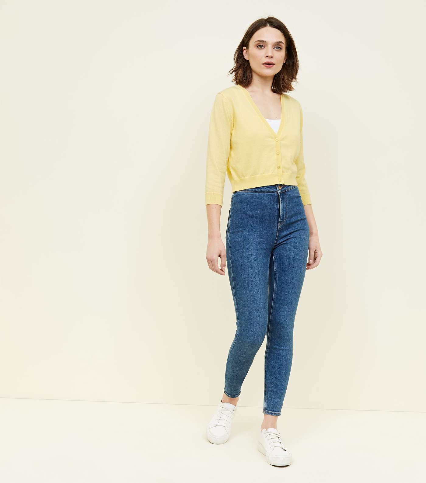 Pale Yellow 3/4 Sleeve Cropped Cardigan Image 2