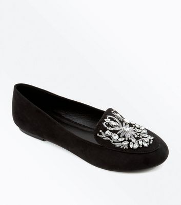 Black Suedette Gem Embellished Loafers 
