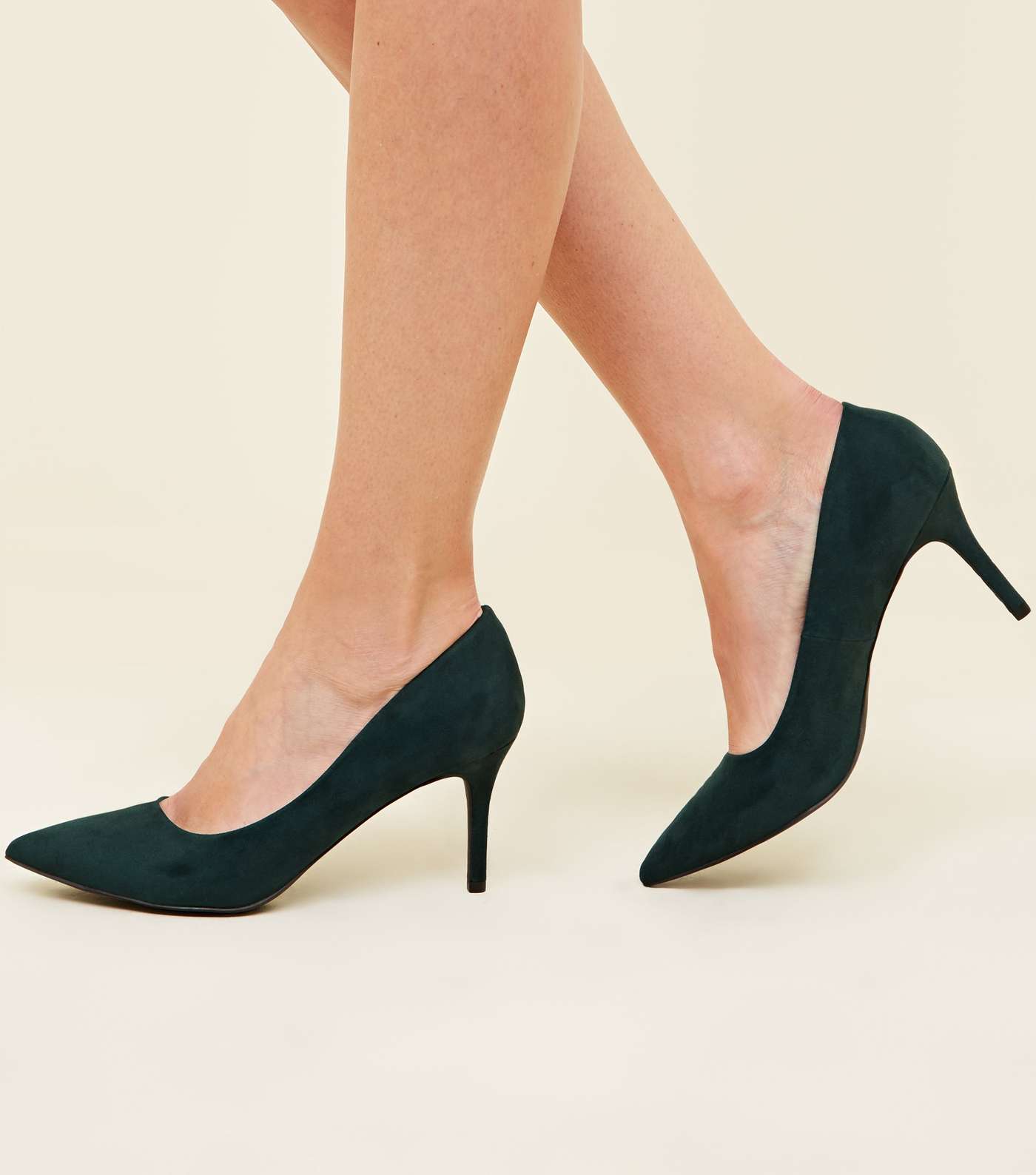 Dark Green Suedette Pointed Court Shoes Image 2