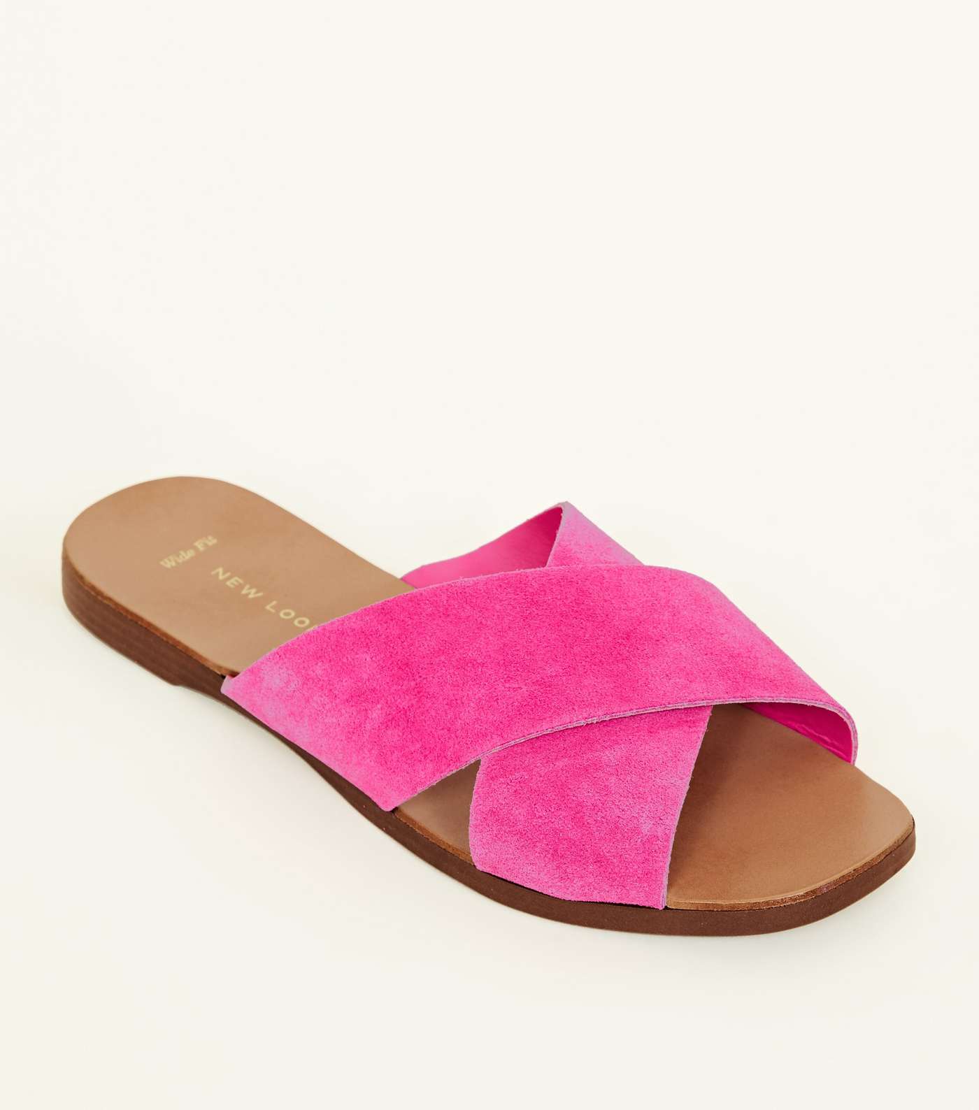 Wide Fit Bright Pink Suede Cross Strap Sliders