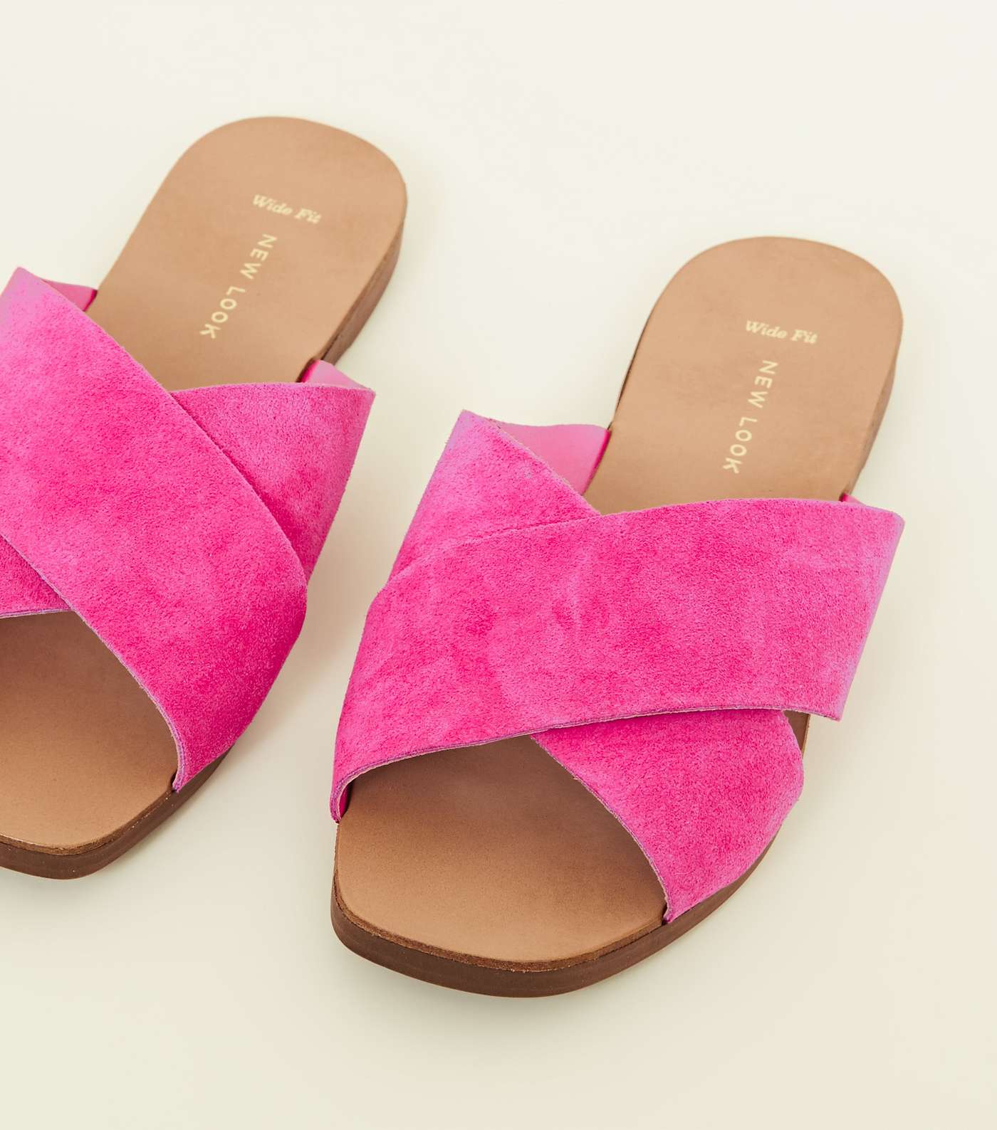Wide Fit Bright Pink Suede Cross Strap Sliders Image 3