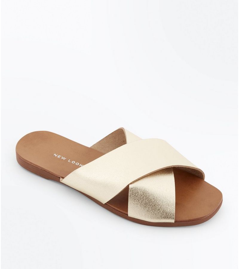 New Look Wide Fit Gold Leather Cross Strap Sliders at £12.59 | love the ...