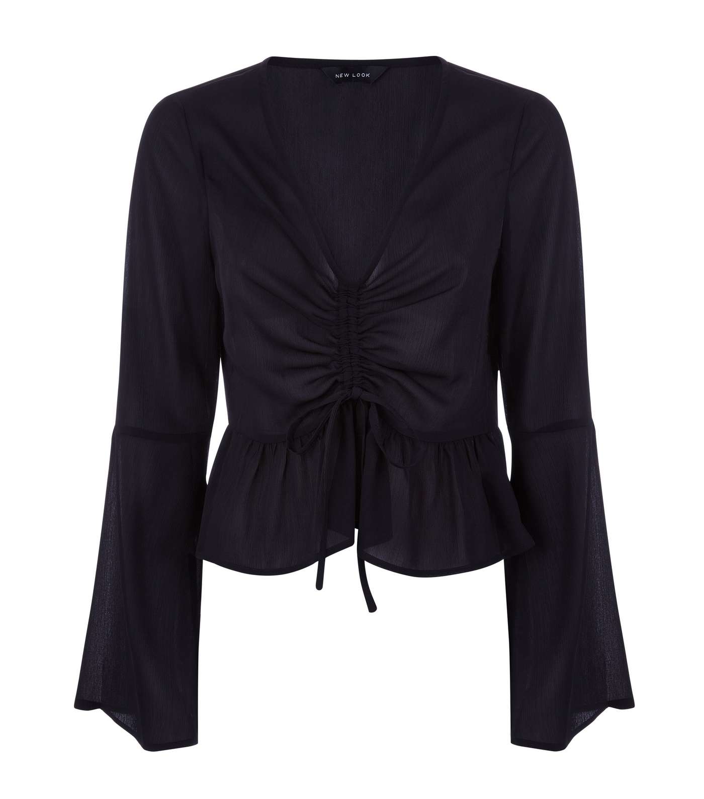Black Crepe Ruched Front Bell Sleeve Top Image 4