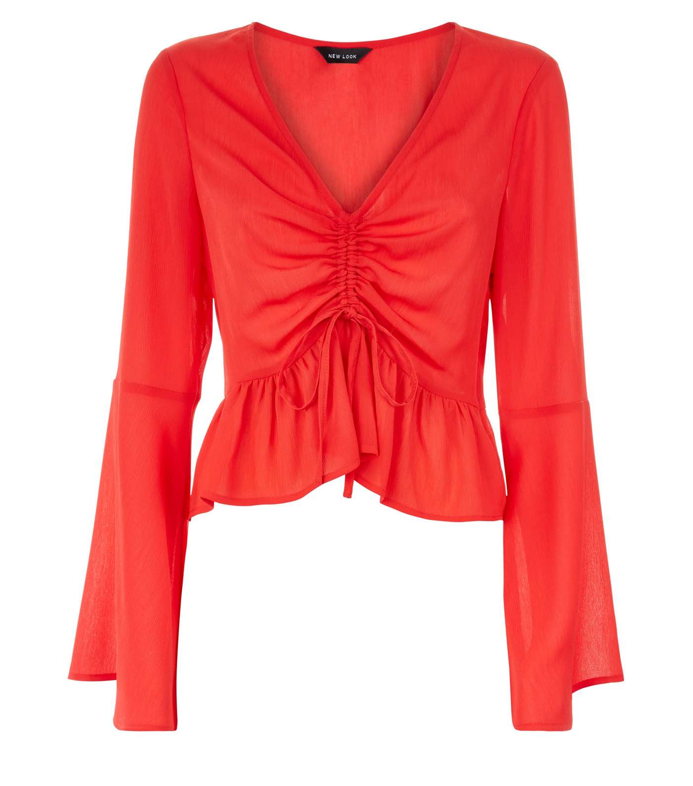 Red Crepe Ruched Front Bell Sleeve Top Image 4