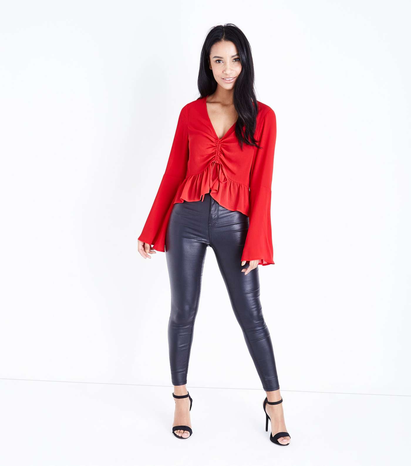 Red Crepe Ruched Front Bell Sleeve Top Image 2