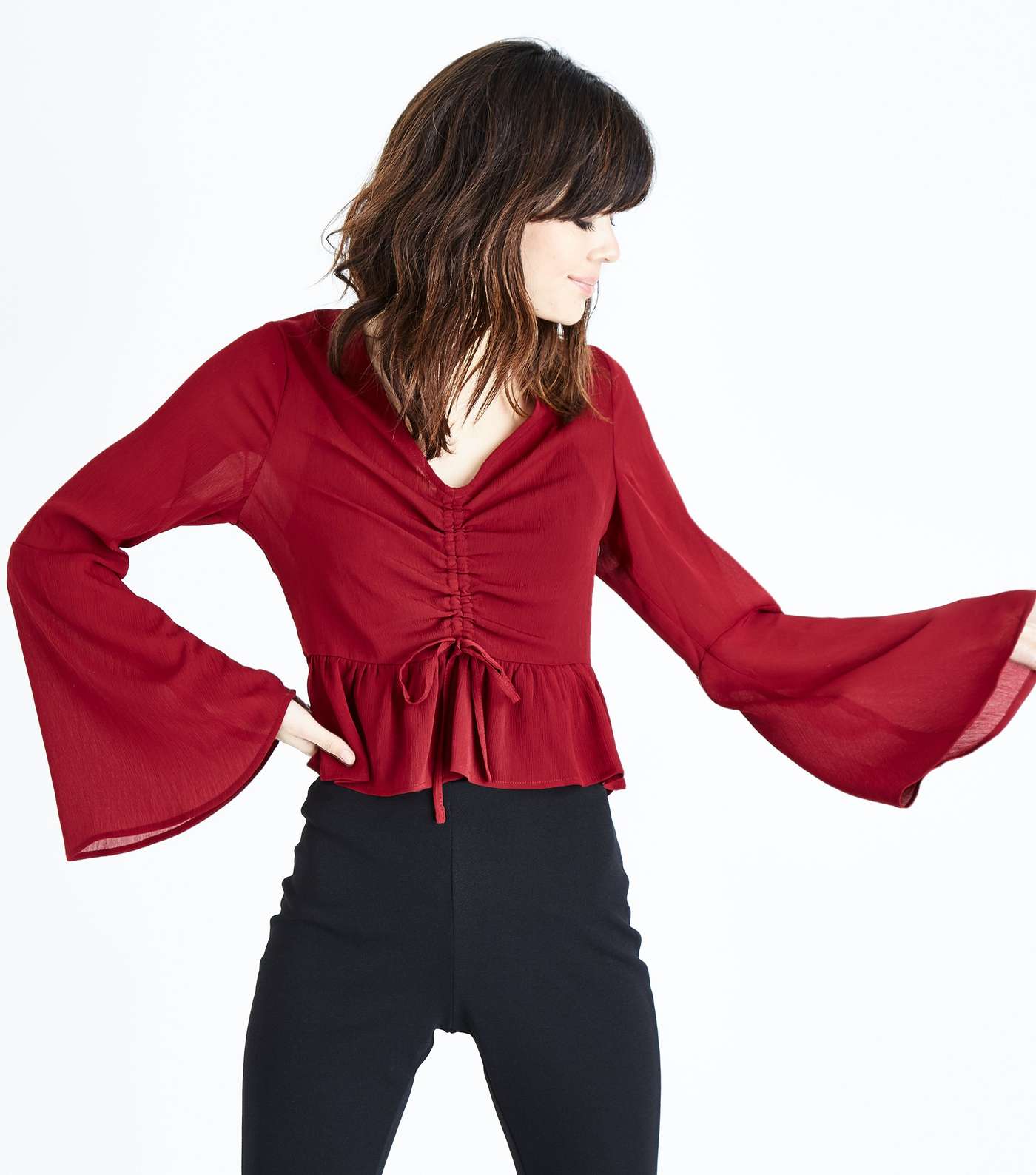 Burgundy Ruched Front Bell Sleeve Top