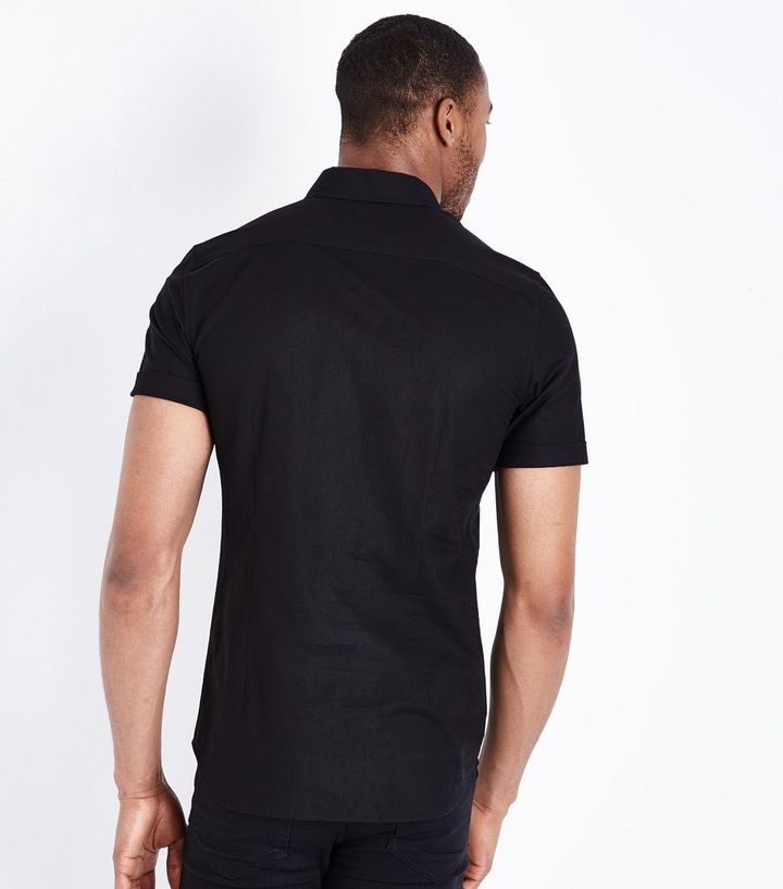 Black Short Sleeve Muscle Fit Oxford Shirt New Look