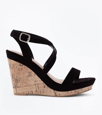 Black Suedette Strappy Cork Wedges New Look