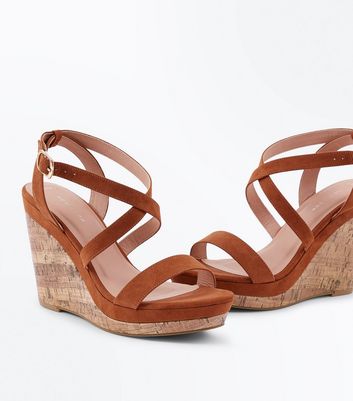 Tan Suedette Strappy Cork Wedges New Look