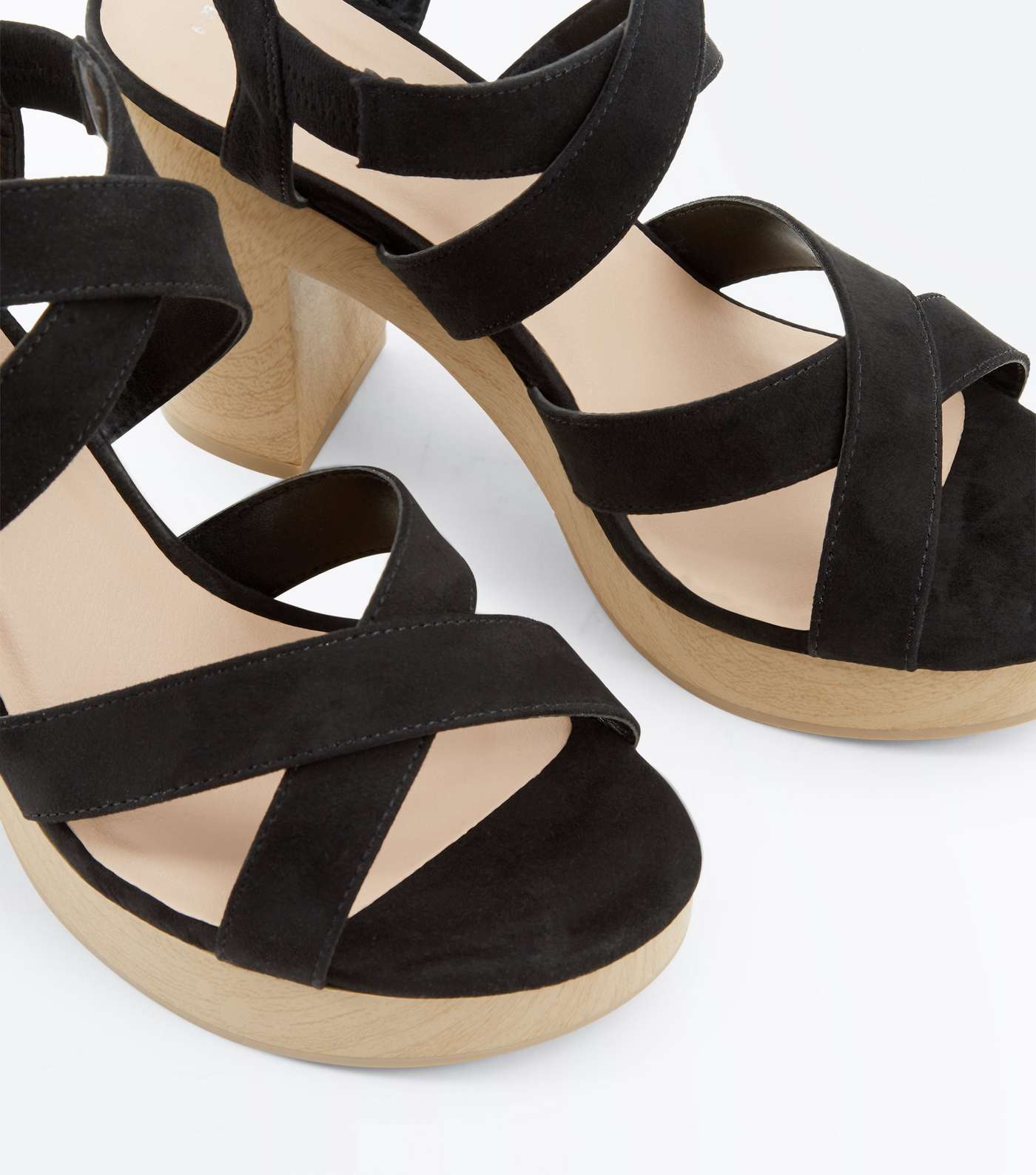 Black Suedette Strappy Wooden Sole Sandals Image 3