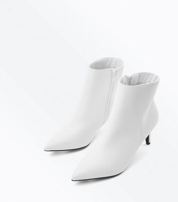 White Kitten Heel Pointed Ankle Boots 