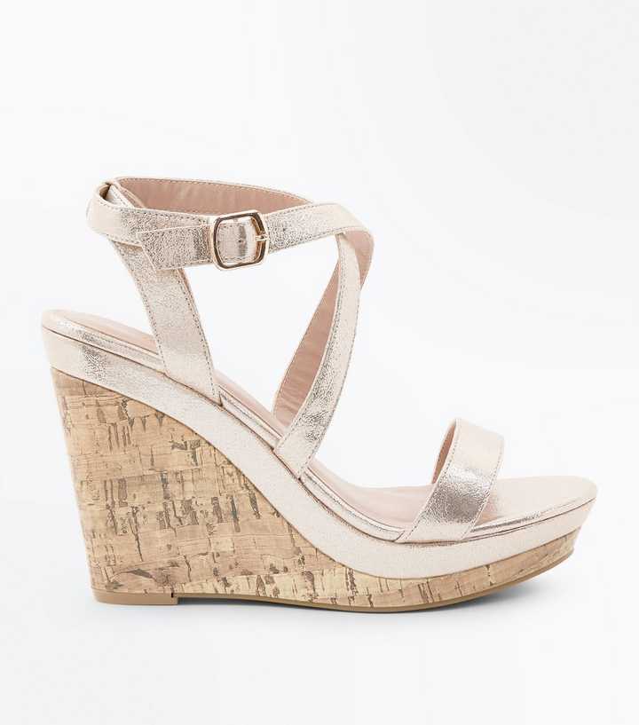 Gold Metallic Strappy Cork Wedges