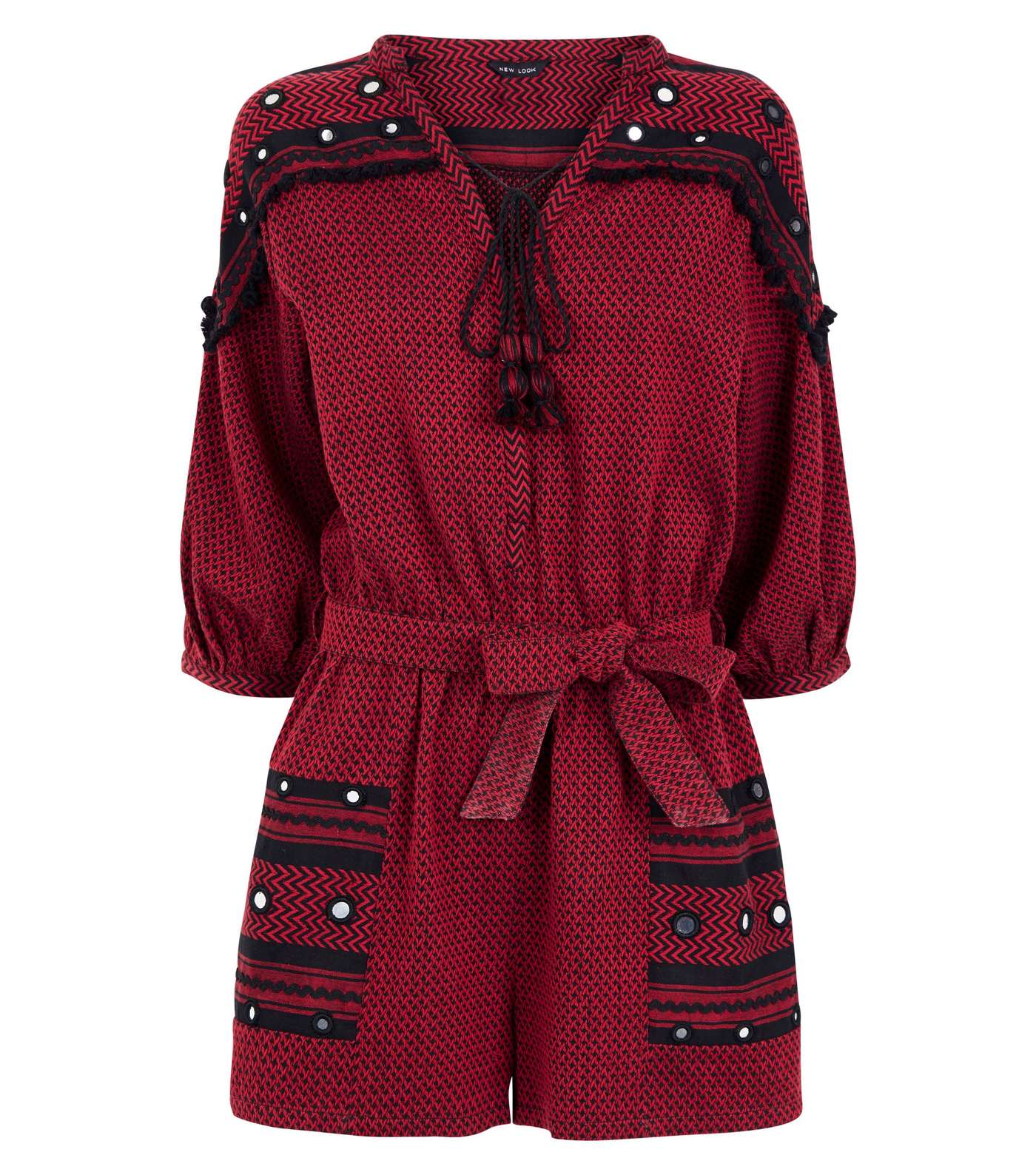 Red Jacquard Embroidered Mirror Playsuit Image 4