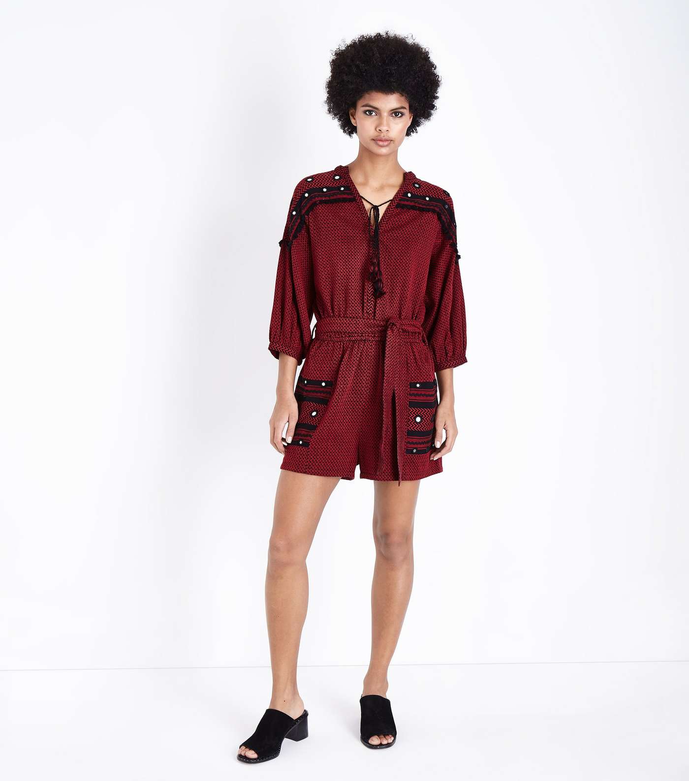 Red Jacquard Embroidered Mirror Playsuit Image 2