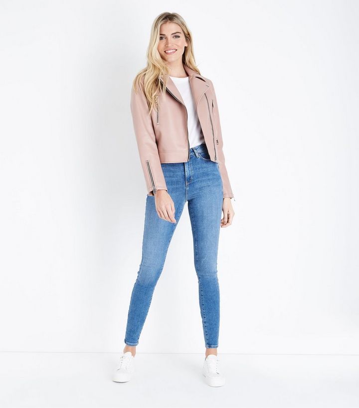 Pale Pink Leather Look Biker Jacket New