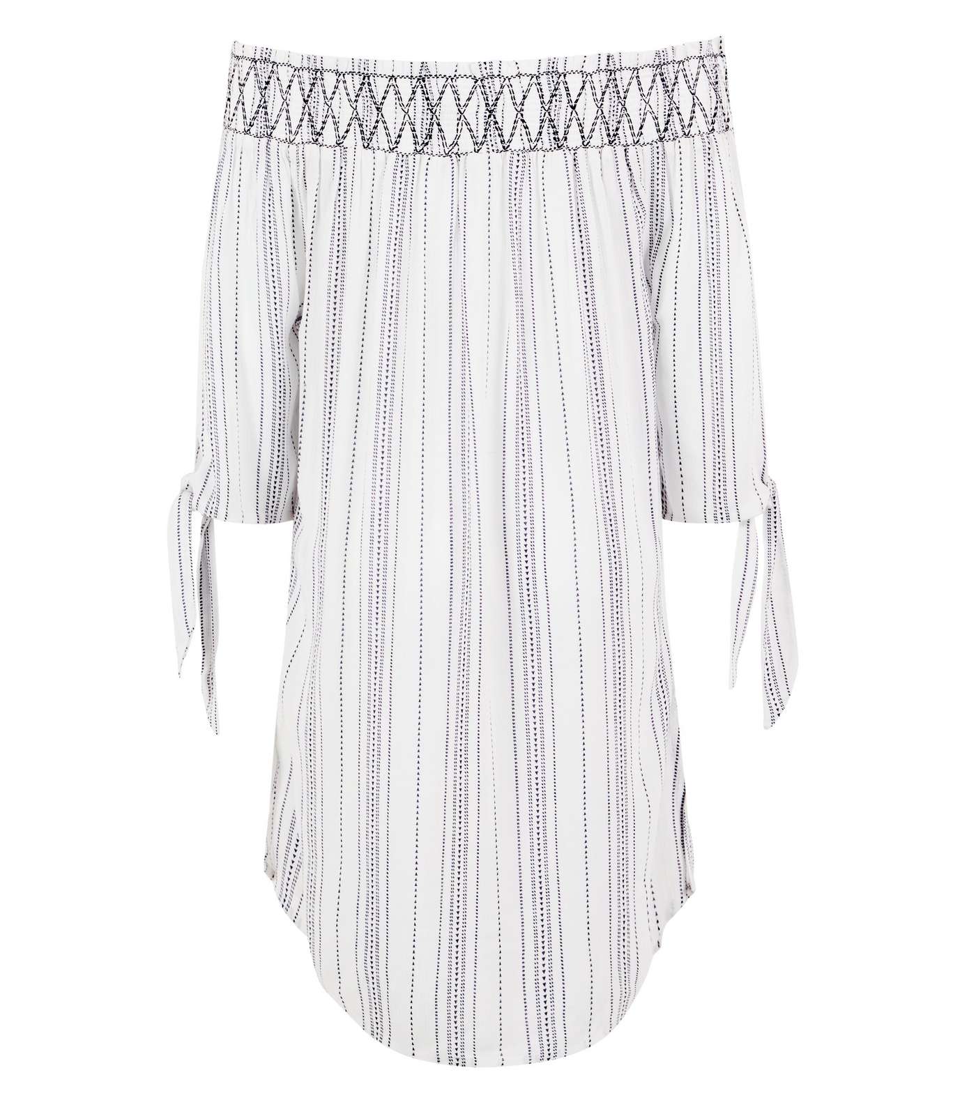 White Stripe Shirred Bardot Neck Beach Dress  Image 5