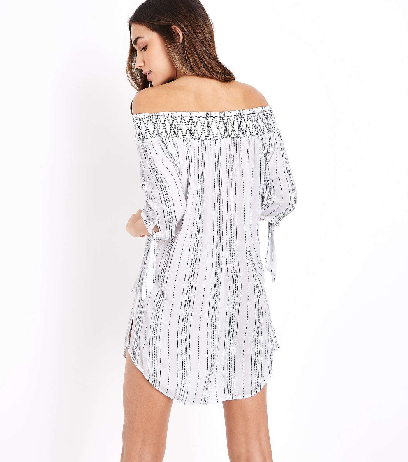 White Stripe Shirred Bardot Neck Beach Dress  Image 3